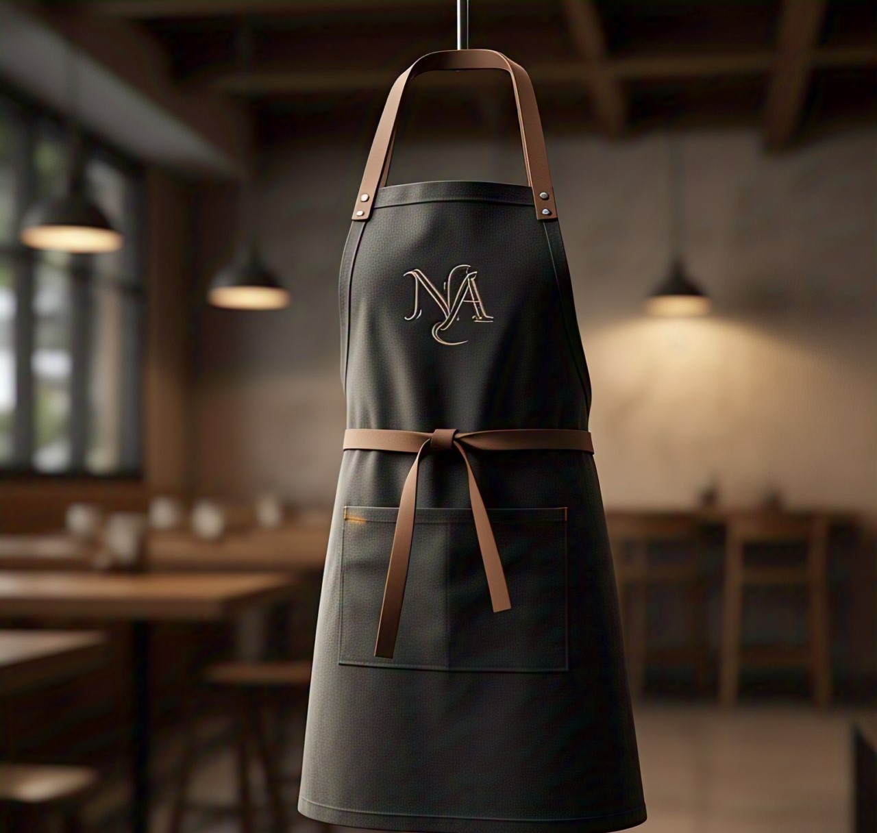 Custom Dark Grey Apron with Leather Straps and NA Logo