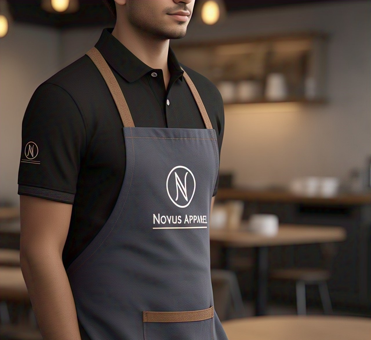 Custom Black Polo and Apron Uniform with N Novus Apparel Logo