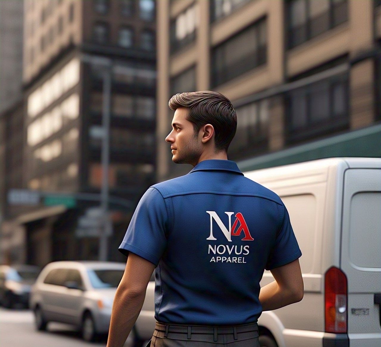Custom Navy Blue Delivery Driver Shirt with NA Novus Apparel Logo on Back