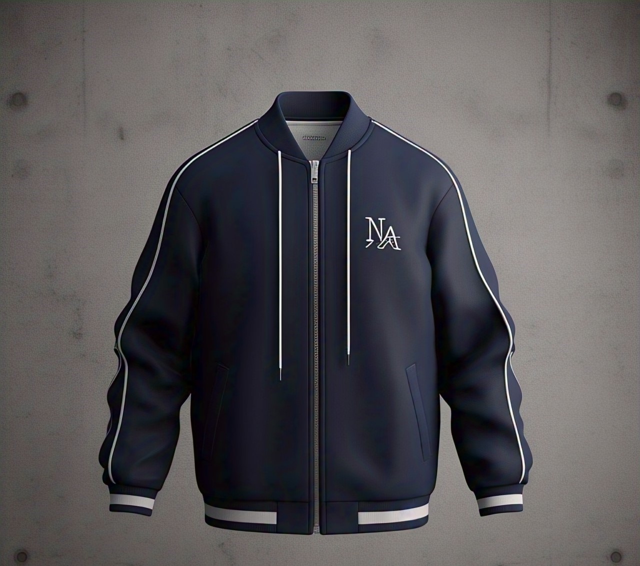 Custom Navy Bomber Jacket with White Piping and NA Logo
