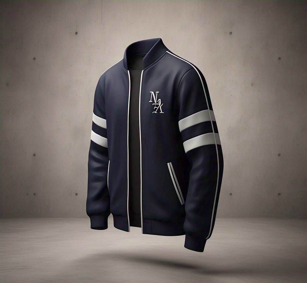 Custom Navy Bomber Jacket with Sleeve Stripes and NA Logo