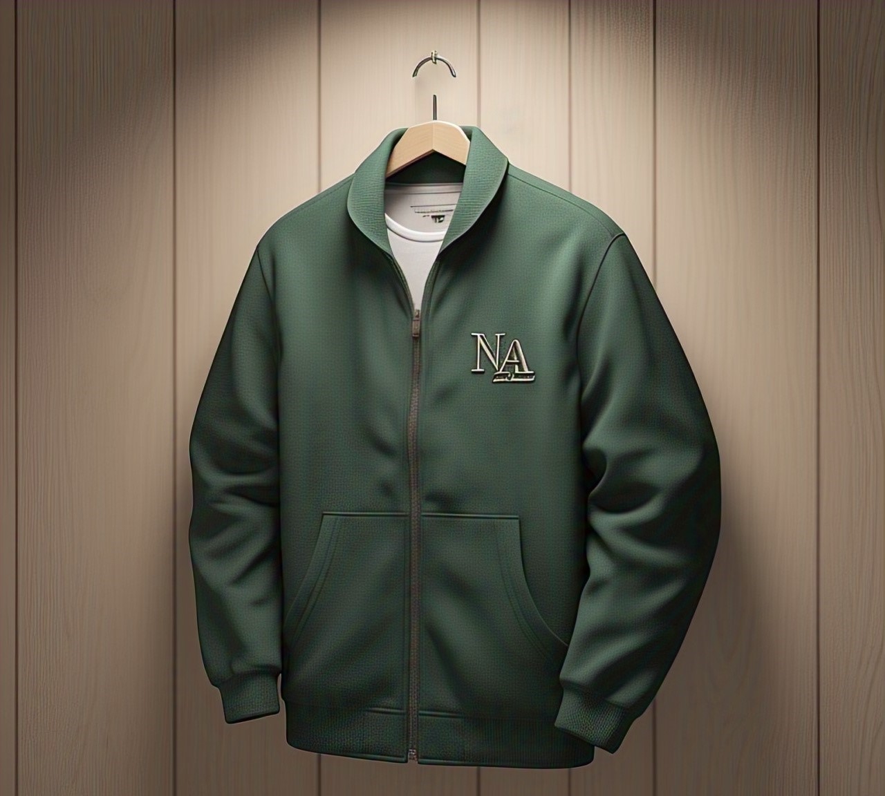 Custom Olive Green Zip Jacket Hanging with NA Logo