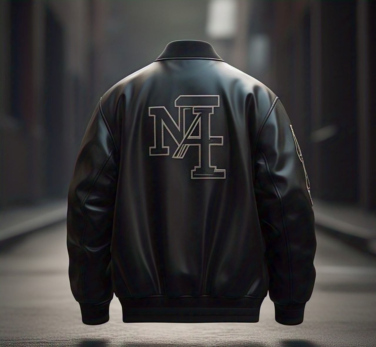 Custom Black Leather Bomber Jacket with Back NA Logo