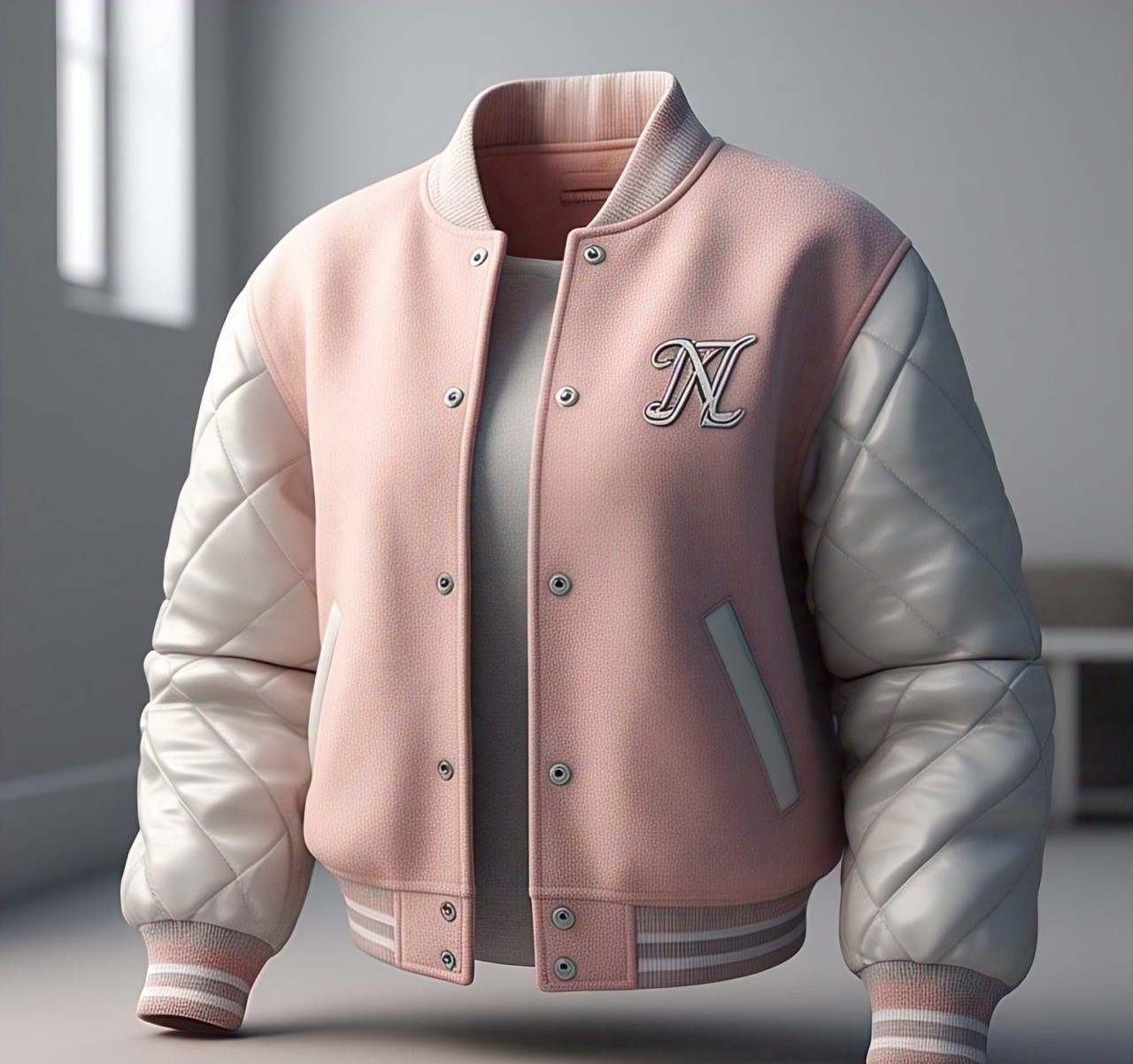 Custom Pink and White Quilted Sleeve Varsity Jacket with N Logo