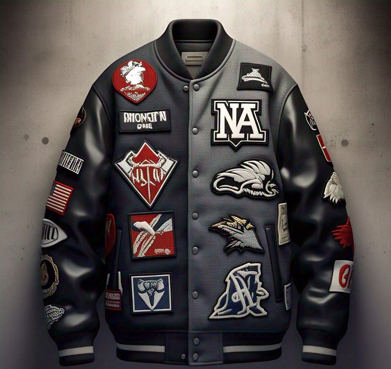 Custom Black Leather Patched Bomber Jacket with NA Logo