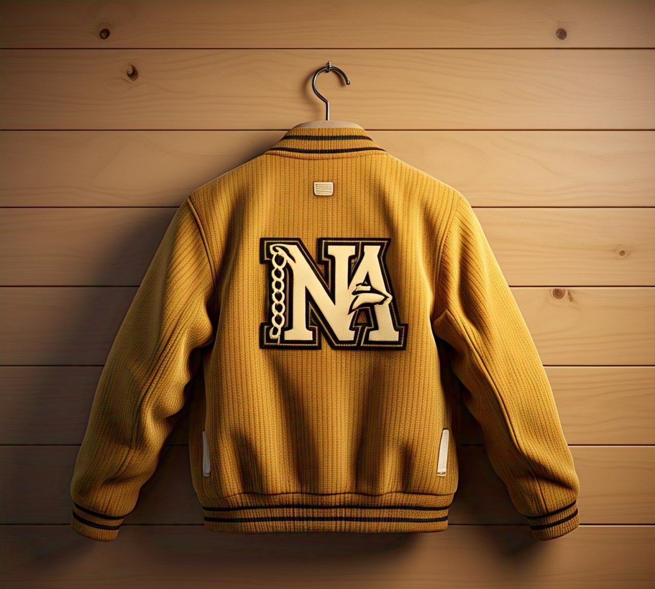 Back View of Custom Yellow Corduroy Varsity Jacket with NA Logo
