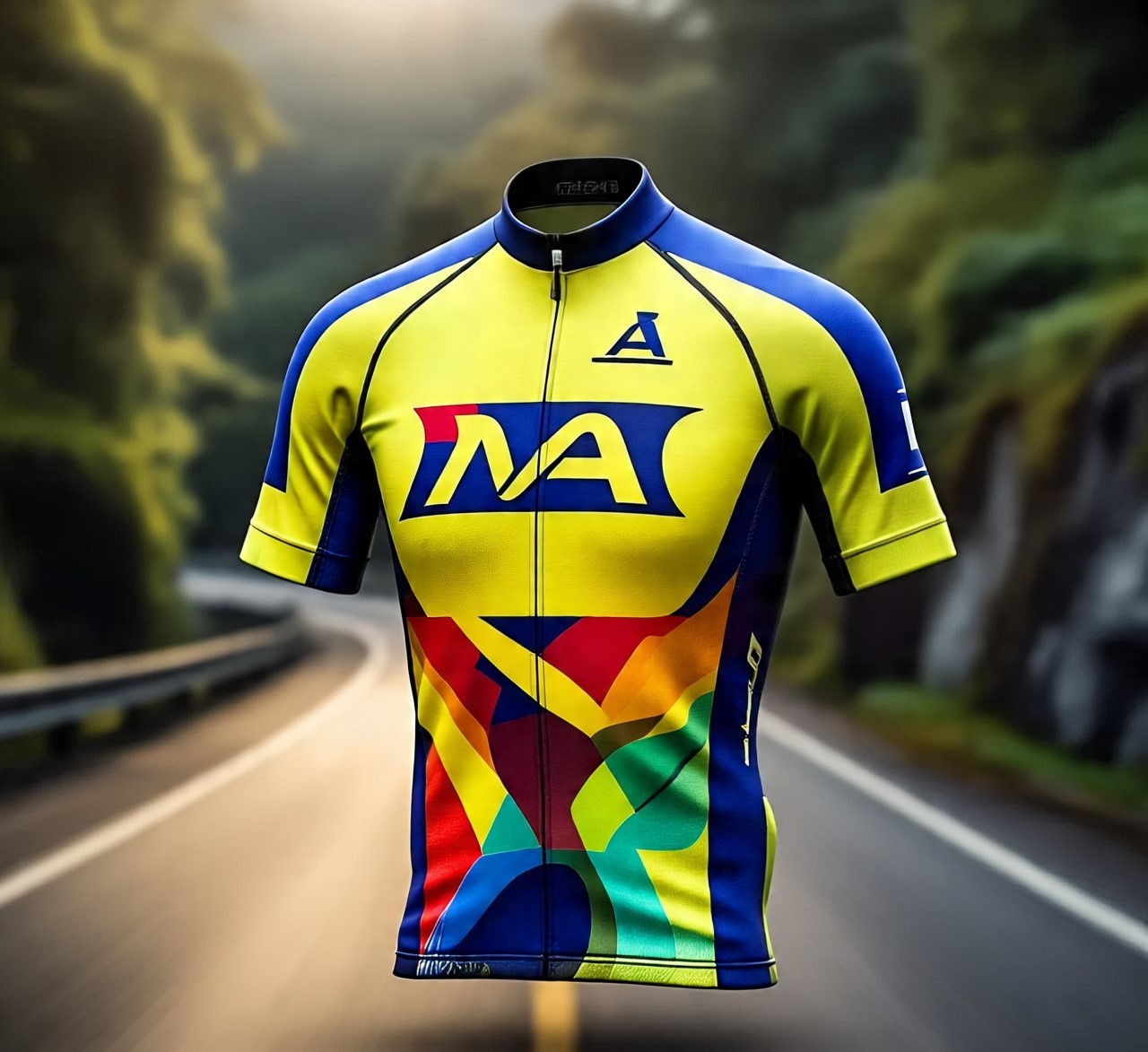 Custom Yellow Cycling Jersey with Abstract Color Panels and NA Logo