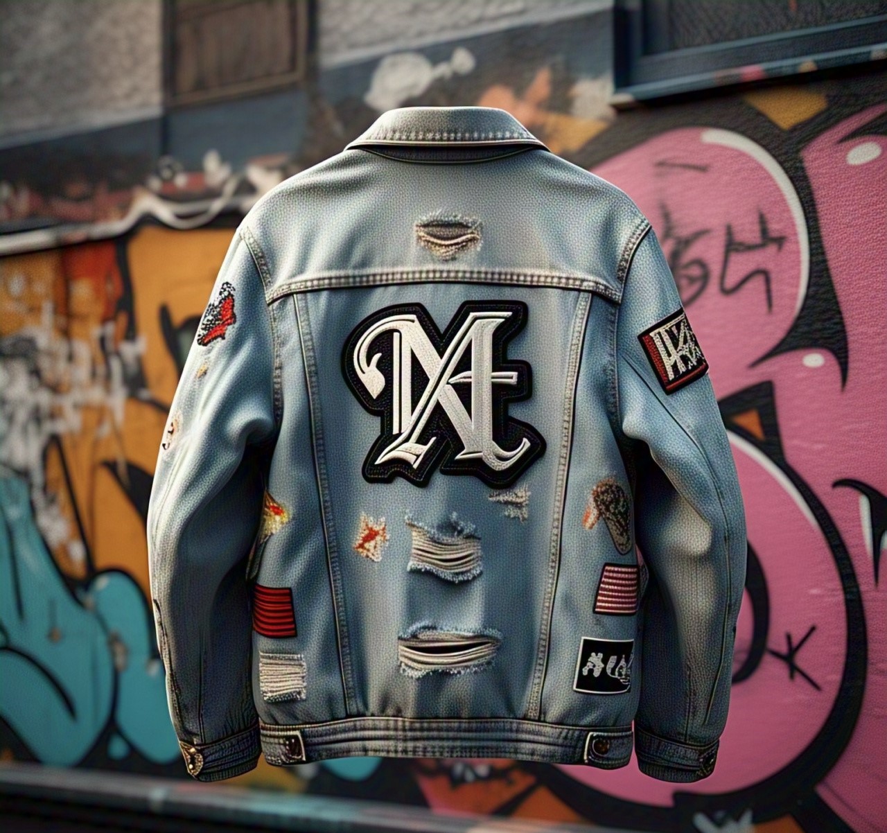 Custom Distressed Denim Jacket with NA Logo and Patches