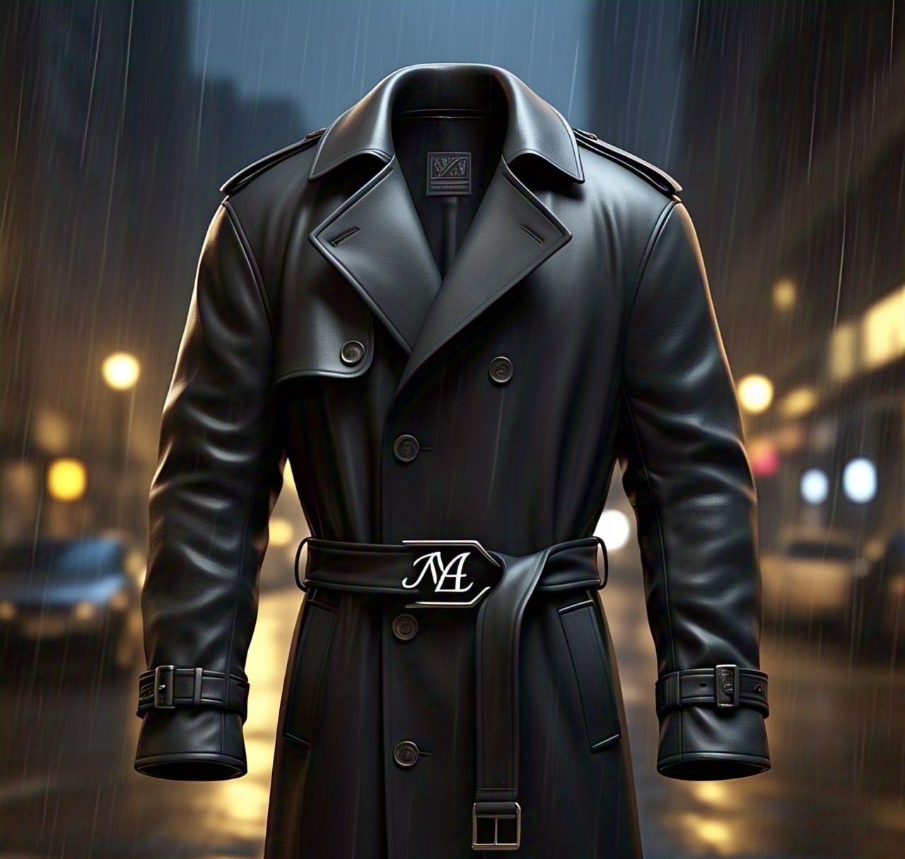 Custom Black Leather Trench Coat with NA Logo on Belt